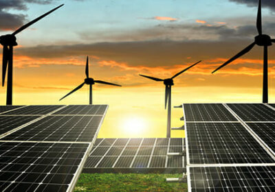 solar energy panels and wind turbines solar energy panels and wind turbines at sunset