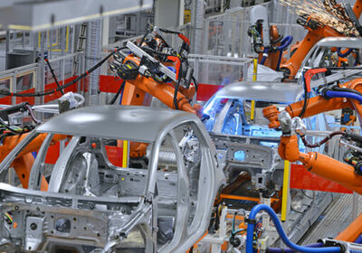 robots welding in an automobile factory